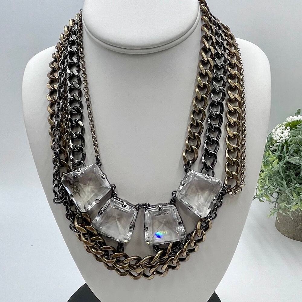 J. Crew‎ Mixed Metal Multistrand Large Clear Light Gray Rhinestone Necklace